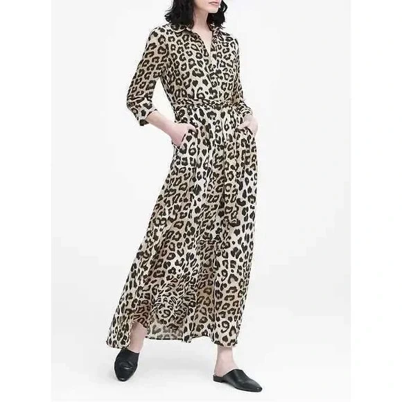 Banana Republic Dress Leopard Print Maxi Shirt Women 14 Classic Elegant Mobwife - Picture 1 of 12